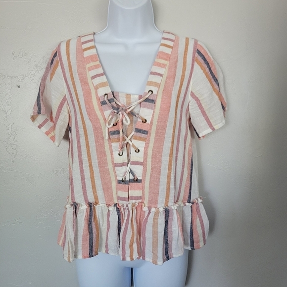 Miami Small Striped Cropped Peplum Blouse Short Sleeve Coral White - Picture 1 of 8